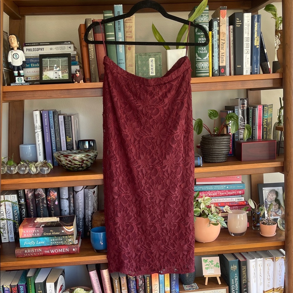 Search for Sanity Deep Red Lace Midi Skirt